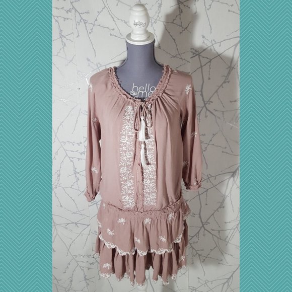 Vintage Havana Pink Floral Embroidered Off The Shoulder Drop Waist Dress - Picture 2 of 6